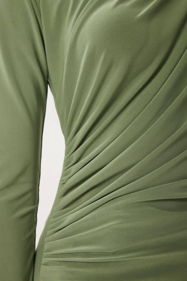 Women's Teal Ruched Detail Stand-up Collar Sandy Blouse FF00135 - 8