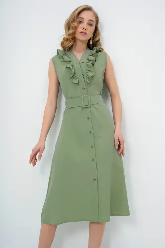 Women's Teal Ruffled Front Belted Poplin Woven Dress ALC-X11609-TEAL - 1