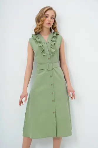Women's Teal Ruffled Front Belted Poplin Woven Dress ALC-X11609-TEAL - TREND ALAÇATI STILI (1)