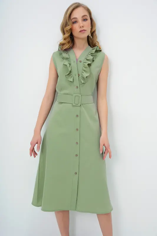 Women's Teal Ruffled Front Belted Poplin Woven Dress ALC-X11609-TEAL - 4