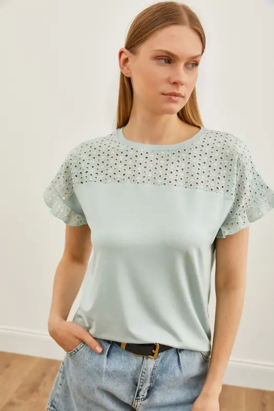 Women's Teal Top with Eyelet and Flounce Sleeve T-shirt BLZ - 1