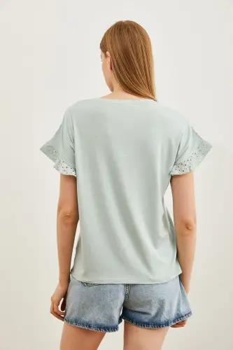 Women's Teal Top with Eyelet and Flounce Sleeve T-shirt BLZ - OLALOOK (1)