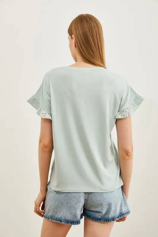 Women's Teal Top with Eyelet and Flounce Sleeve T-shirt BLZ - 2