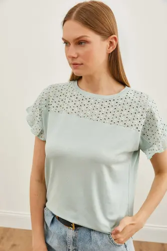 Women's Teal Top with Eyelet and Flounce Sleeve T-shirt BLZ - 3
