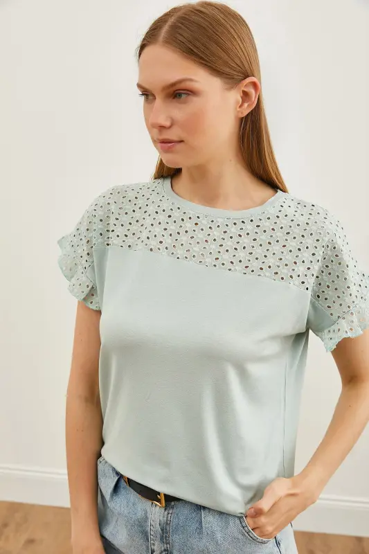 Women's Teal Top with Eyelet and Flounce Sleeve T-shirt BLZ - 3