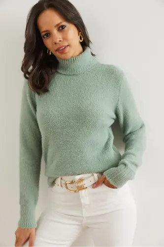 Women's Teal Turtleneck Soft Textured Bearded Knit Sweater KZK-19000861-Teal - 2