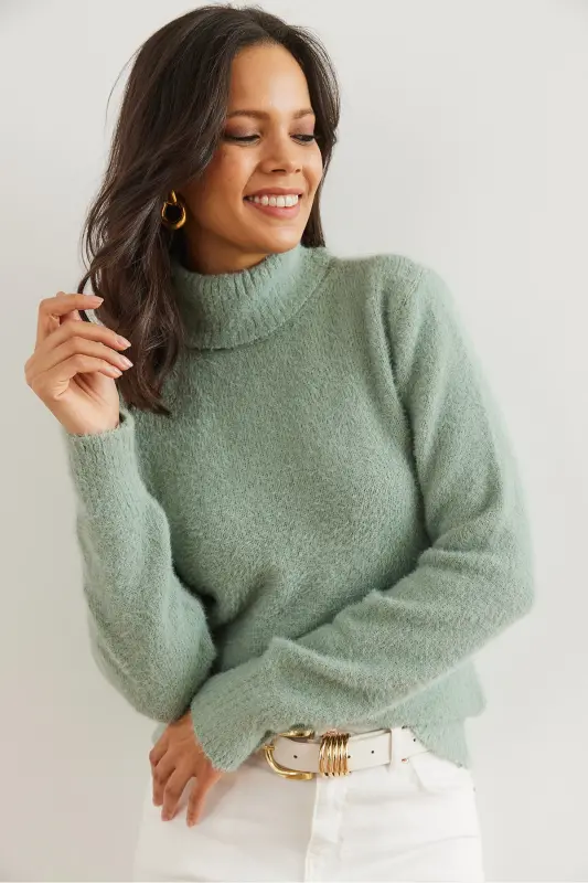 Women's Teal Turtleneck Soft Textured Bearded Knit Sweater KZK-19000861-Teal - 5