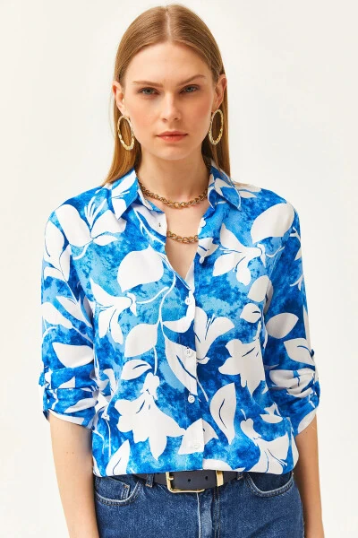 Women's Teal Watercolor Effect Woven Shirt GML-19001178 - OLALOOK