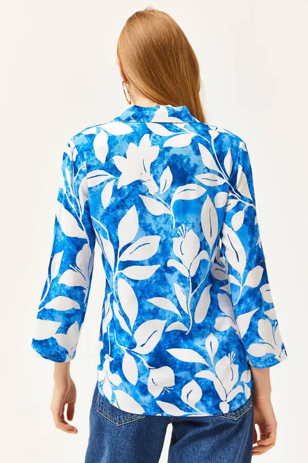 Women's Teal Watercolor Effect Woven Shirt GML-19001178 - 2