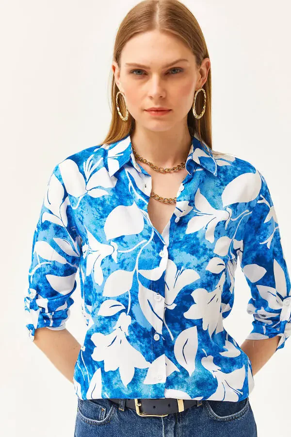 Women's Teal Watercolor Effect Woven Shirt GML-19001178 - 3