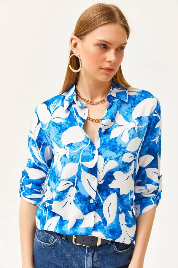 Women's Teal Watercolor Effect Woven Shirt GML-19001178 - 4