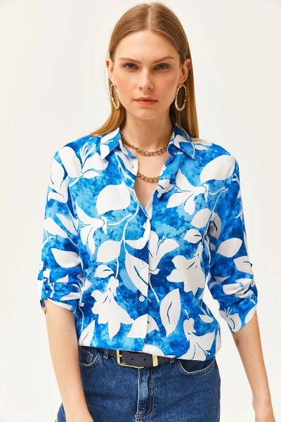 Women's Teal Watercolor Effect Woven Shirt GML-19001178 - 5