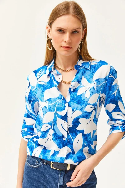 Women's Teal Watercolor Effect Woven Shirt GML-19001178 - 6