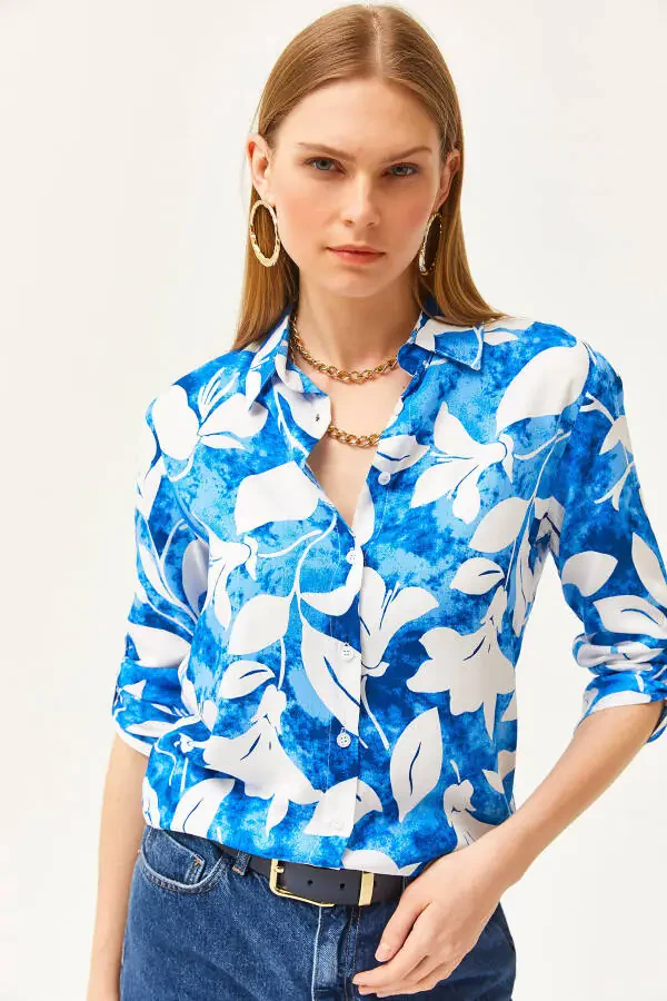 Women's Teal Watercolor Effect Woven Shirt GML-19001178 - 6