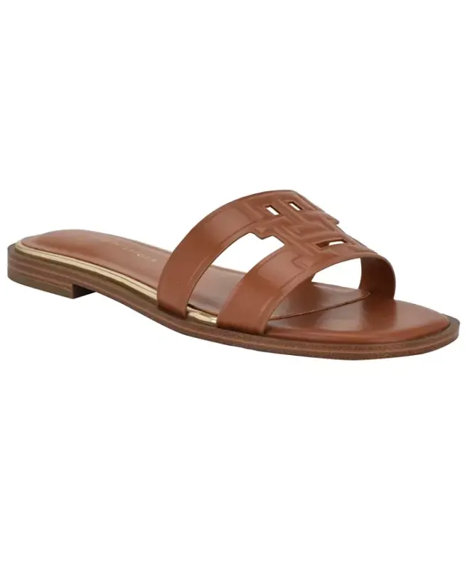 Women's Terenz Logo Strap Flat Slide Sandals - Cognac - TOMMY HILFIGER