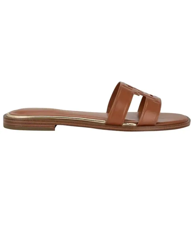Women's Terenz Logo Strap Flat Slide Sandals - Cognac - 2