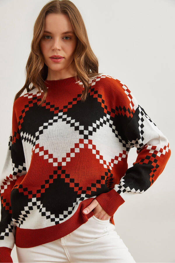 Women's Terracotta Baklava Pattern Oversized Knit Sweater KZK-19000834 - 1