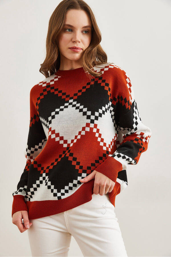 Women's Terracotta Baklava Pattern Oversized Knit Sweater KZK-19000834 - 3