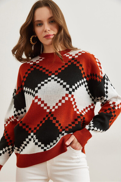 Women's Terracotta Baklava Pattern Oversized Knit Sweater KZK-19000834 - 4