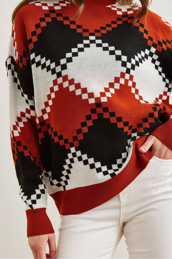 Women's Terracotta Baklava Pattern Oversized Knit Sweater KZK-19000834 - 5