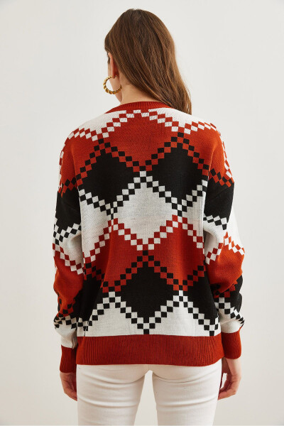 Women's Terracotta Baklava Pattern Oversized Knit Sweater KZK-19000834 - 6
