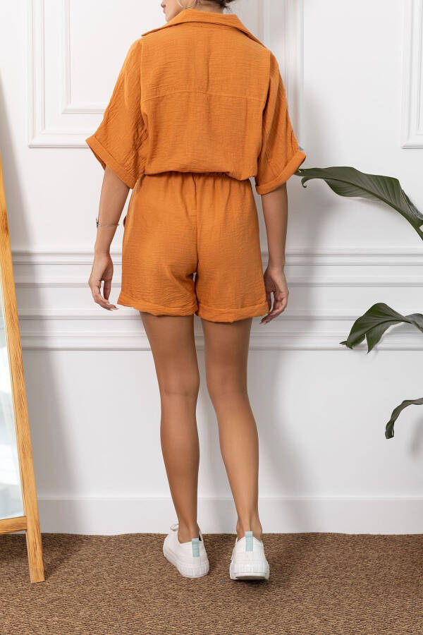 Women's Terracotta Batwing Sleeve Pocket Elastic Waist Short Jumpsuit - 4