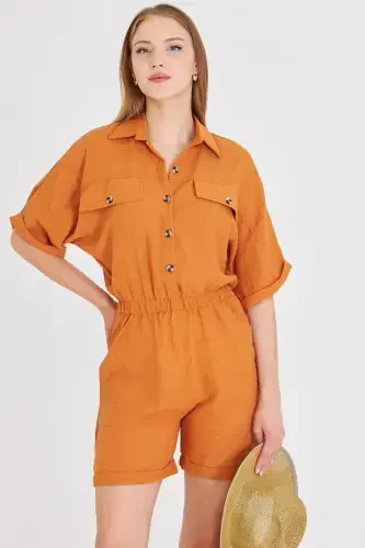 Women's Terracotta Batwing Sleeve Pocket Elastic Waist Short Jumpsuit - 1