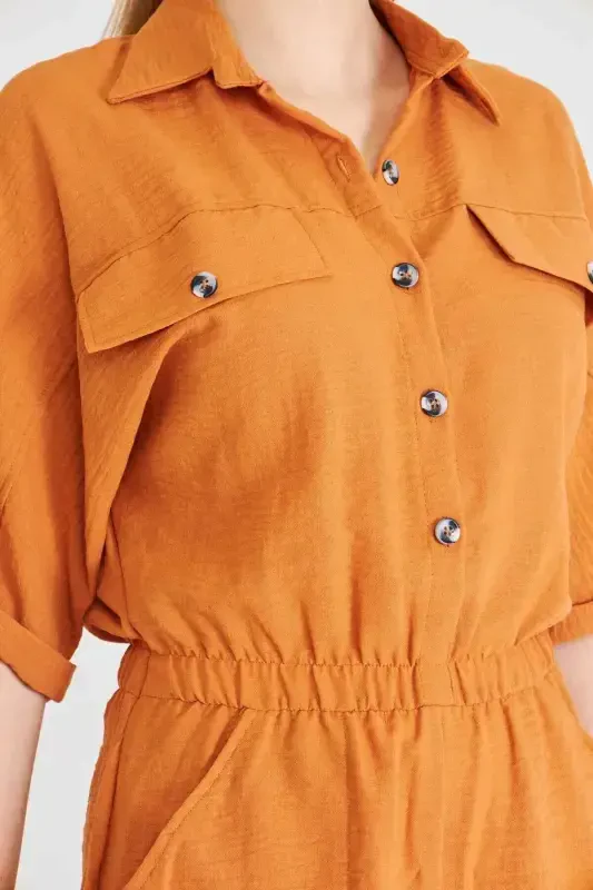 Women's Terracotta Batwing Sleeve Pocket Elastic Waist Short Jumpsuit - 2