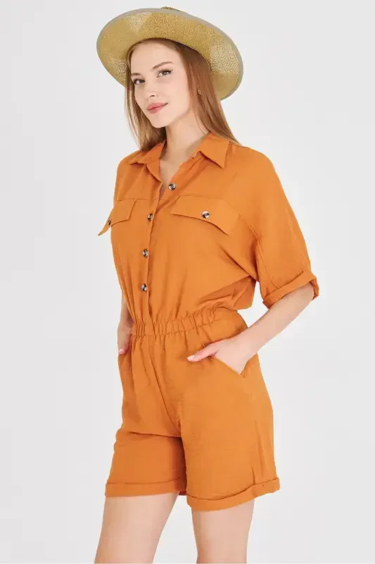 Women's Terracotta Batwing Sleeve Pocket Elastic Waist Short Jumpsuit - 3