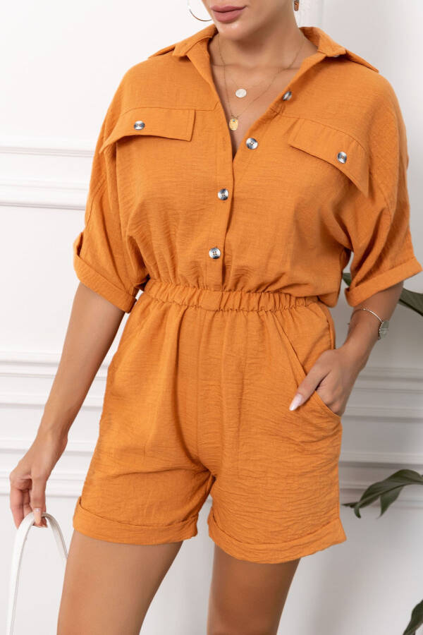 Women's Terracotta Batwing Sleeve Pocket Elastic Waist Short Jumpsuit - 5