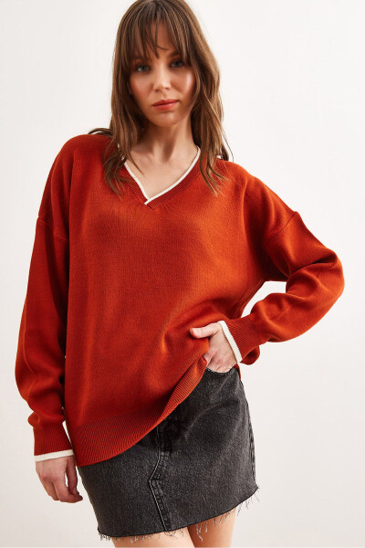 Women's Terracotta Collar Detailed Striped Chunky Knit Sweater KZK-19000924 - OLALOOK