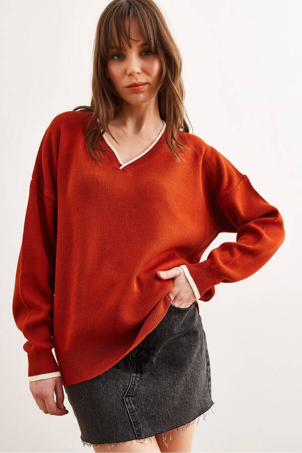 Women's Terracotta Collar Detailed Striped Chunky Knit Sweater KZK-19000924 - 1