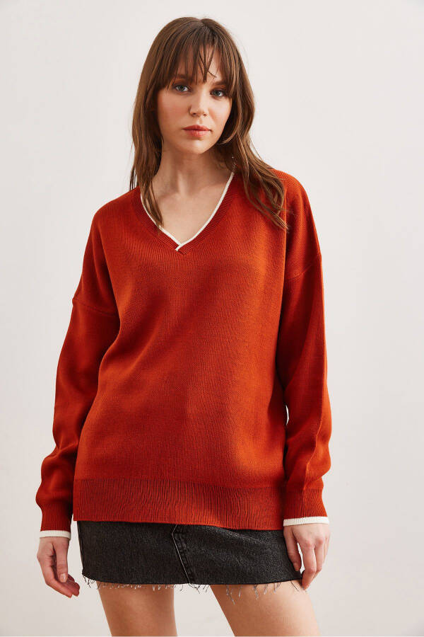 Women's Terracotta Collar Detailed Striped Chunky Knit Sweater KZK-19000924 - 2