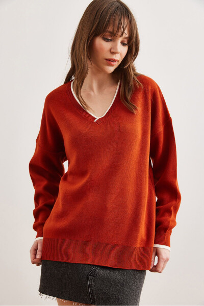 Women's Terracotta Collar Detailed Striped Chunky Knit Sweater KZK-19000924 - 3