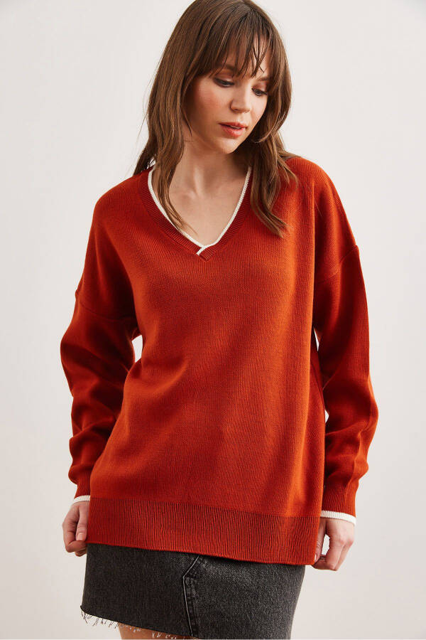 Women's Terracotta Collar Detailed Striped Chunky Knit Sweater KZK-19000924 - 3