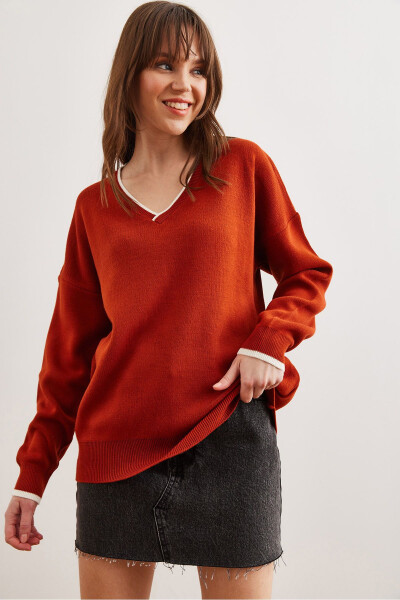 Women's Terracotta Collar Detailed Striped Chunky Knit Sweater KZK-19000924 - 4