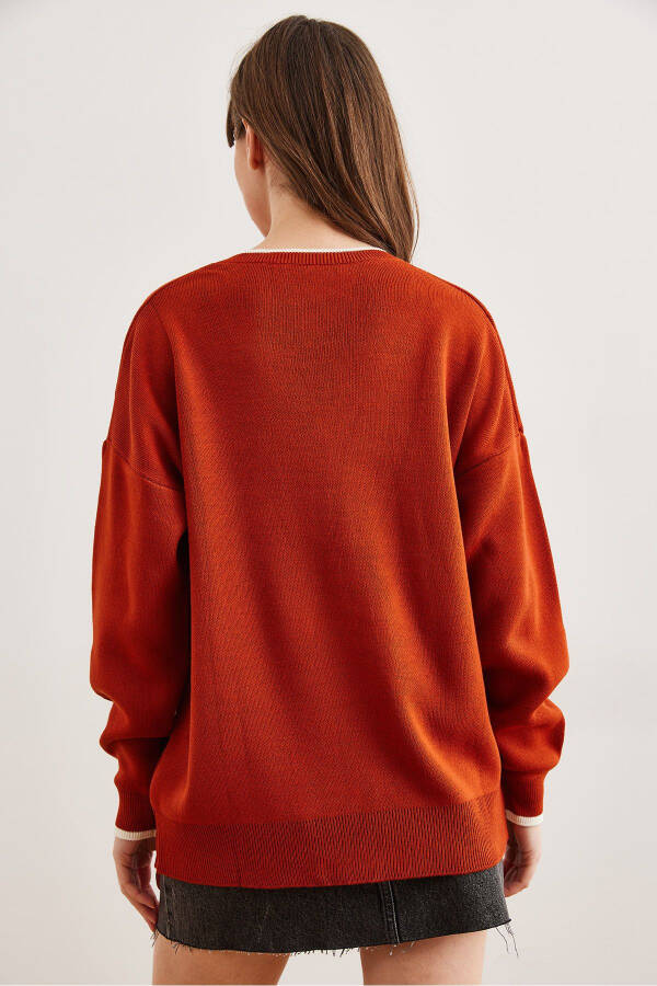 Women's Terracotta Collar Detailed Striped Chunky Knit Sweater KZK-19000924 - 5