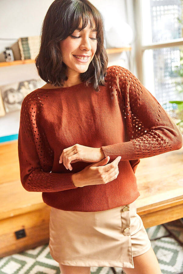 Women's Terracotta Openwork Batwing Oversized Knitted Sweater - 5