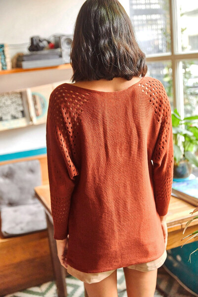 Women's Terracotta Openwork Batwing Oversized Knitted Sweater - 6