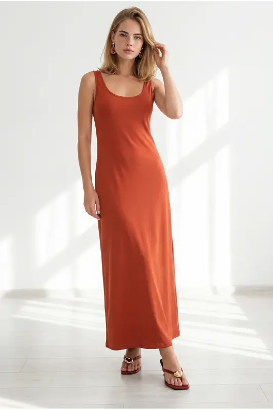 Women's Terracotta Strap Midi Cotton Bell Dress ELB-19002444 - Terracotta - 2