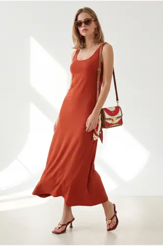 Women's Terracotta Strap Midi Cotton Bell Dress ELB-19002444 - Terracotta - 3