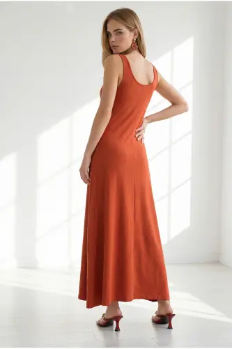 Women's Terracotta Strap Midi Cotton Bell Dress ELB-19002444 - Terracotta - 4