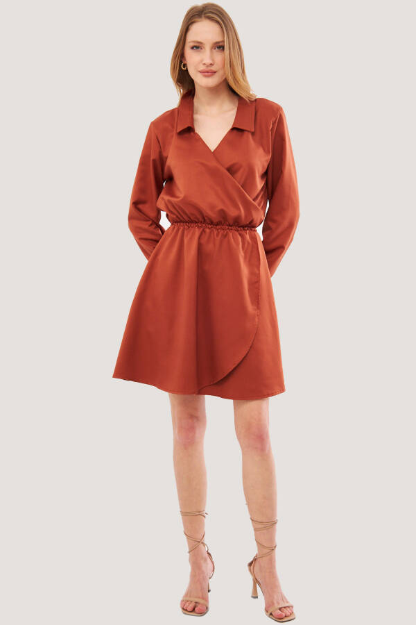 Women's Terracotta Wrap V-Neck Dress with Elastic Sleeves and Waist ARM-24Y001013 - 6