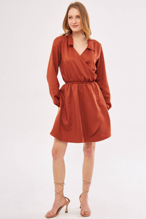 Women's Terracotta Wrap V-Neck Dress with Elastic Sleeves and Waist ARM-24Y001013 - 8