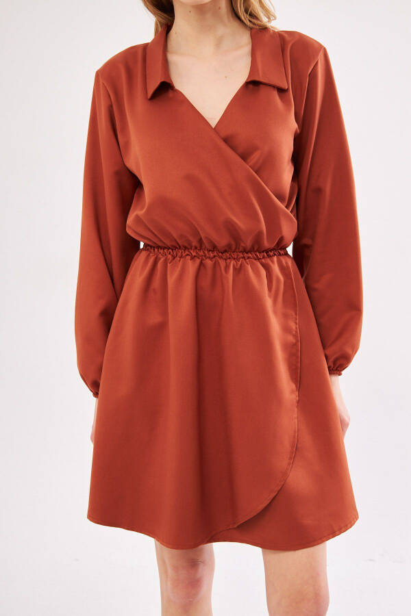 Women's Terracotta Wrap V-Neck Dress with Elastic Sleeves and Waist ARM-24Y001013 - 2