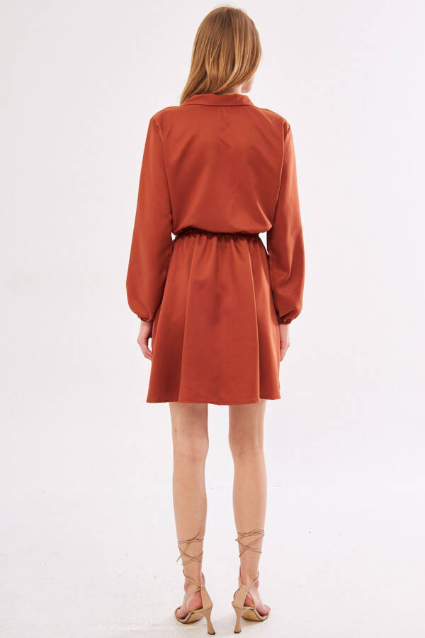 Women's Terracotta Wrap V-Neck Dress with Elastic Sleeves and Waist ARM-24Y001013 - 5