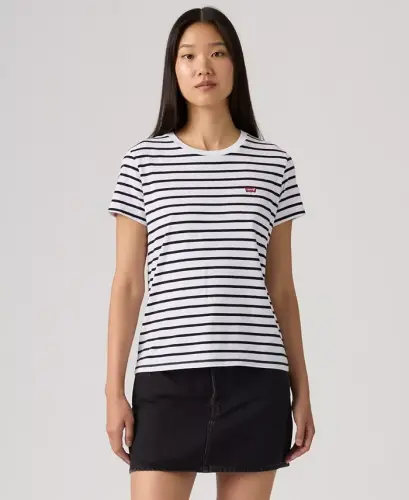Women's The Perfect Crew Neck Cotton T-Shirt - Emily Stripe Bright White Navy Blazer 