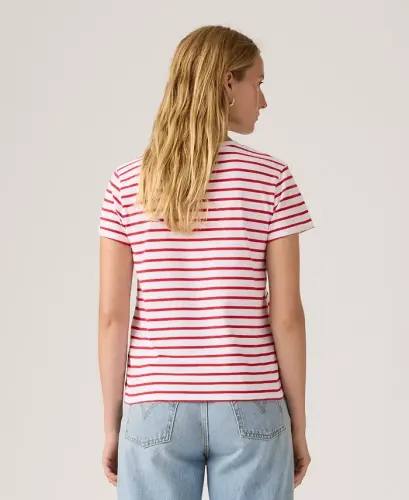 Women's The Perfect Crew Neck Cotton T-Shirt - Emily Stripe Bright White Urban Red - LEVI'S (1)
