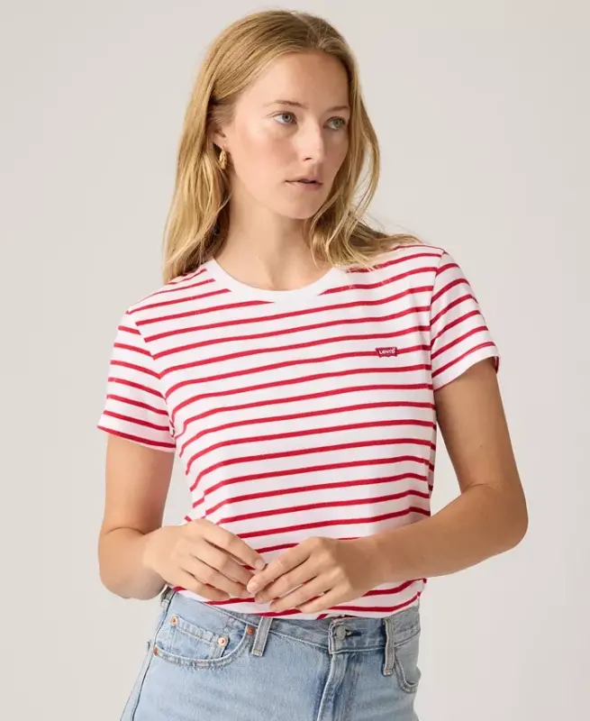 Women's The Perfect Crew Neck Cotton T-Shirt - Emily Stripe Bright White Urban Red - 1
