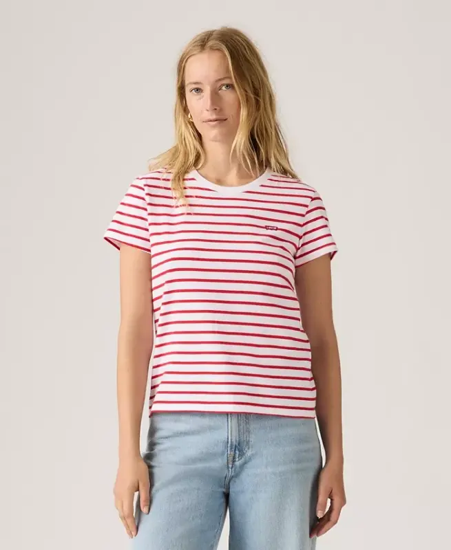 Women's The Perfect Crew Neck Cotton T-Shirt - Emily Stripe Bright White Urban Red - 3